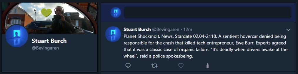 Planet Shockmolt. News. Stardate 02.04-2118. A sentient hovercar denied being responsible for the crash that killed tech entrepreneur, Ewe Burr. Experts agreed that it was a classic case of organic failure. 