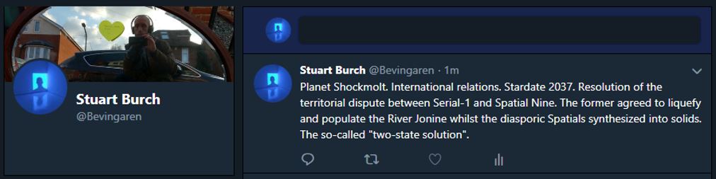 Planet Shockmolt. International relations. Stardate 2037. Resolution of the territorial dispute between Serial-1 and Spatial Nine. The former agreed to liquefy and populate the River Jonine whilst the diasporic Spatials synthesized into solids. The so-called 