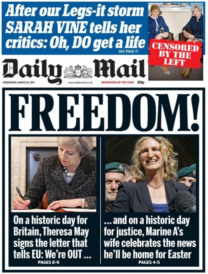 Daily Mail front page, 29 March 2017