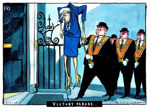Victory Parade, a cartoon by Morten Morland showing Theresa May held aloft by the Orange Order of the DUP