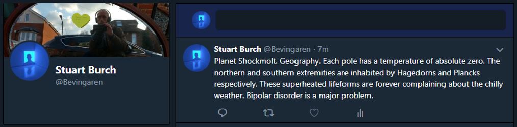 Planet Shockmolt. Geography. Each pole has a temperature of absolute zero. The northern and southern extremities are inhabited by Hagedorns and Plancks respectively. These superheated lifeforms are forever complaining about the chilly weather. Bipolar disorder is a major problem.
